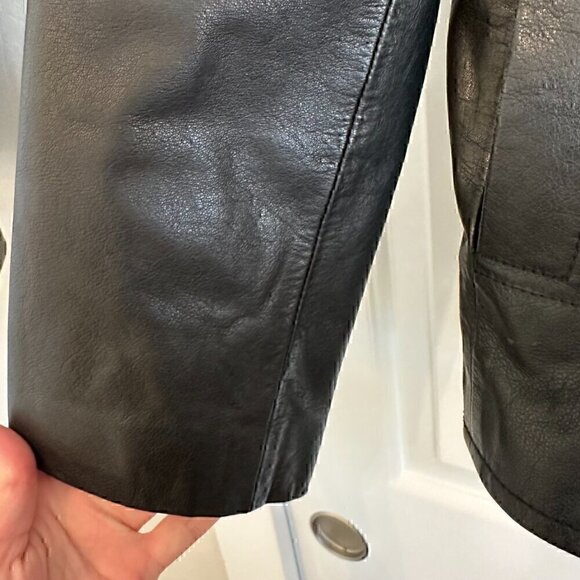 100% LEATHER gorgeous classic vintage 90s gold button blazer stretch women M - Picture 6 of 14